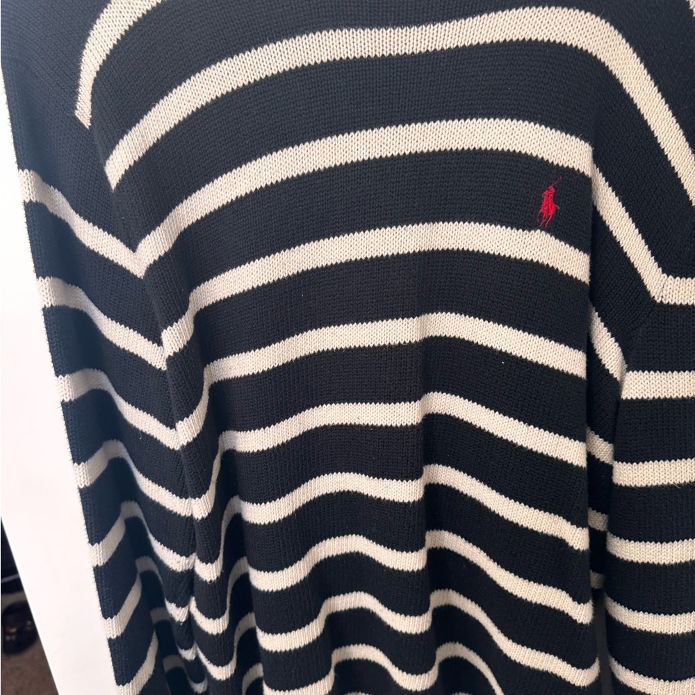 Ralph Lauren Black and Cream Striped Crewneck Sweater